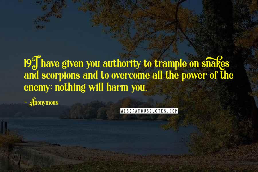 Anonymous Quotes: 19I have given you authority to trample on snakes and scorpions and to overcome all the power of the enemy; nothing will harm you.