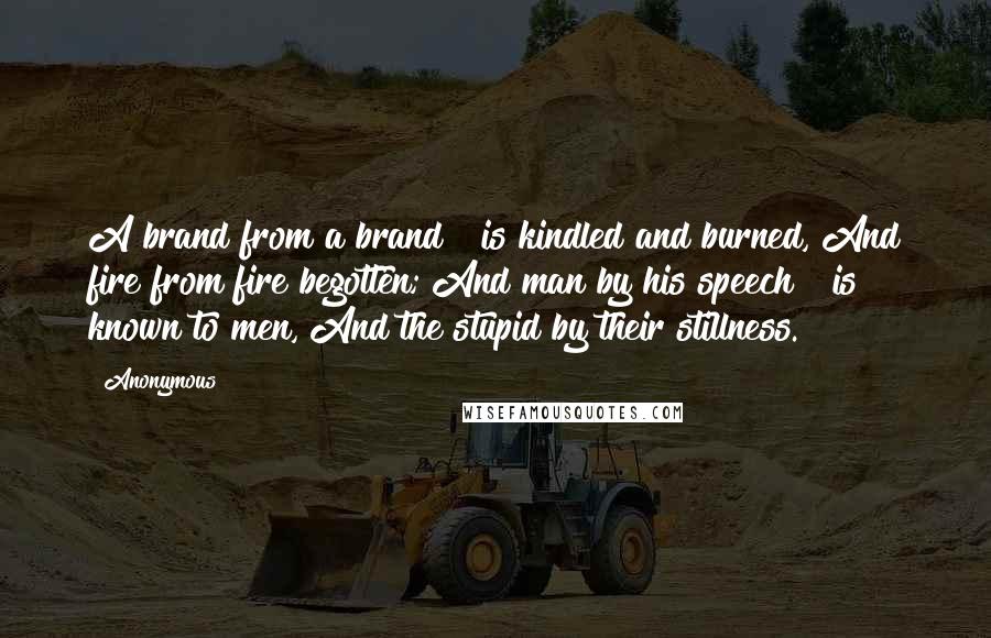 Anonymous Quotes: A brand from a brand | is kindled and burned, And fire from fire begotten; And man by his speech | is known to men, And the stupid by their stillness.