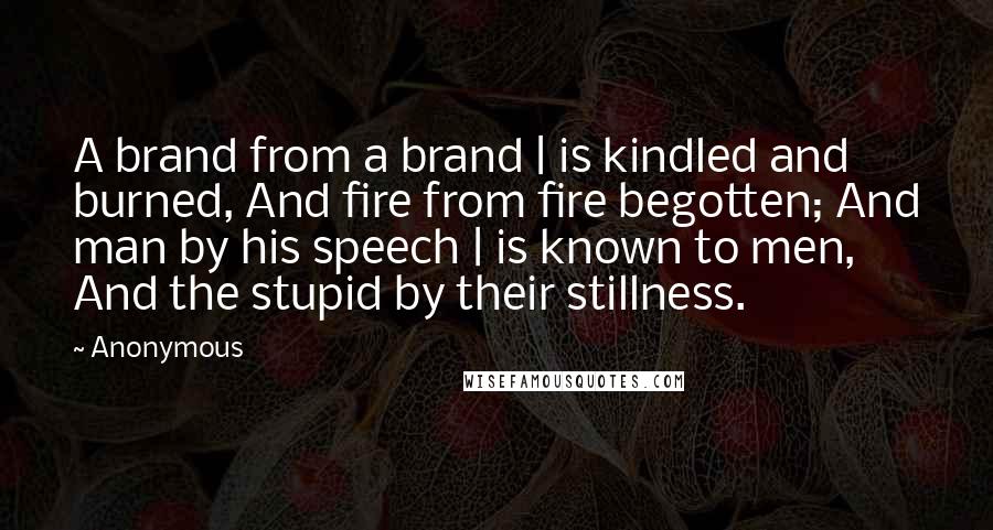 Anonymous Quotes: A brand from a brand | is kindled and burned, And fire from fire begotten; And man by his speech | is known to men, And the stupid by their stillness.