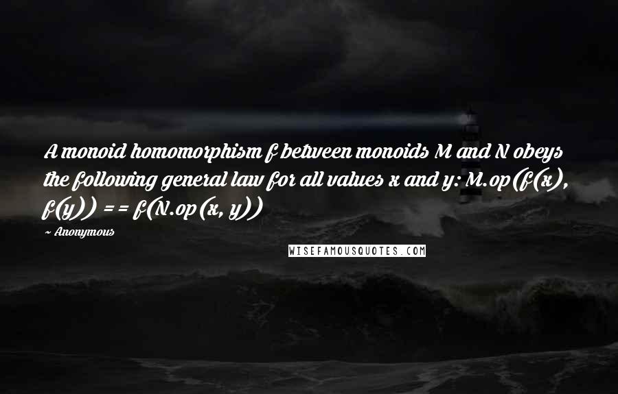 Anonymous Quotes: A monoid homomorphism f between monoids M and N obeys the following general law for all values x and y: M.op(f(x), f(y)) == f(N.op(x, y))