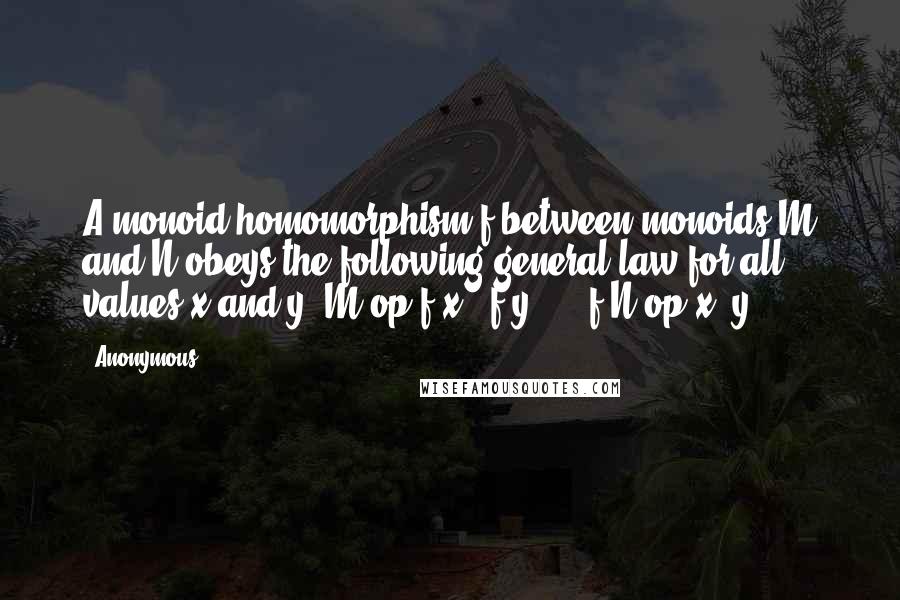 Anonymous Quotes: A monoid homomorphism f between monoids M and N obeys the following general law for all values x and y: M.op(f(x), f(y)) == f(N.op(x, y))