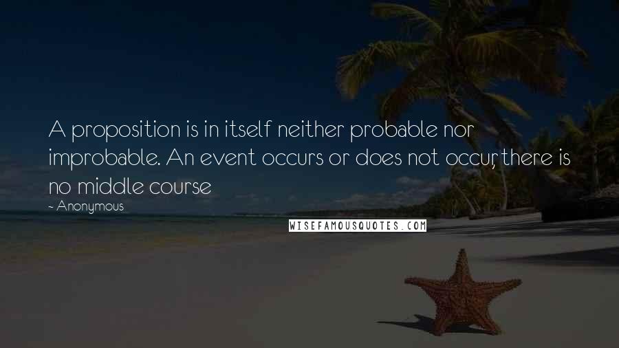 Anonymous Quotes: A proposition is in itself neither probable nor improbable. An event occurs or does not occur, there is no middle course