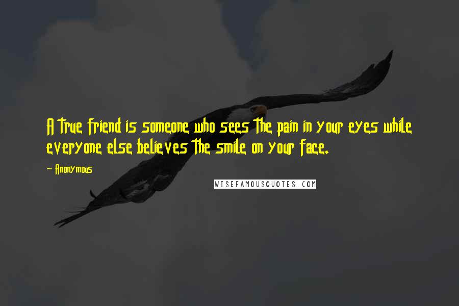 Anonymous Quotes: A true friend is someone who sees the pain in your eyes while everyone else believes the smile on your face.