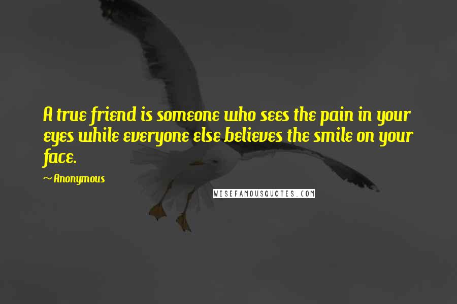 Anonymous Quotes: A true friend is someone who sees the pain in your eyes while everyone else believes the smile on your face.