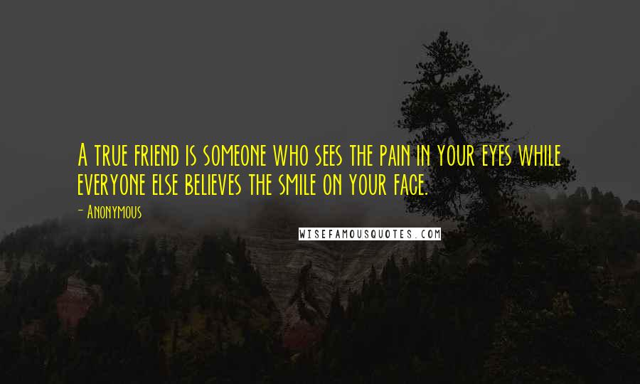 Anonymous Quotes: A true friend is someone who sees the pain in your eyes while everyone else believes the smile on your face.