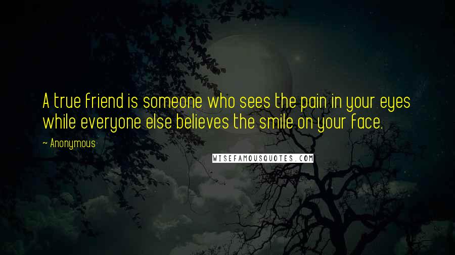 Anonymous Quotes: A true friend is someone who sees the pain in your eyes while everyone else believes the smile on your face.