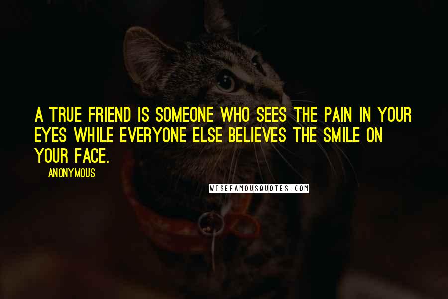 Anonymous Quotes: A true friend is someone who sees the pain in your eyes while everyone else believes the smile on your face.