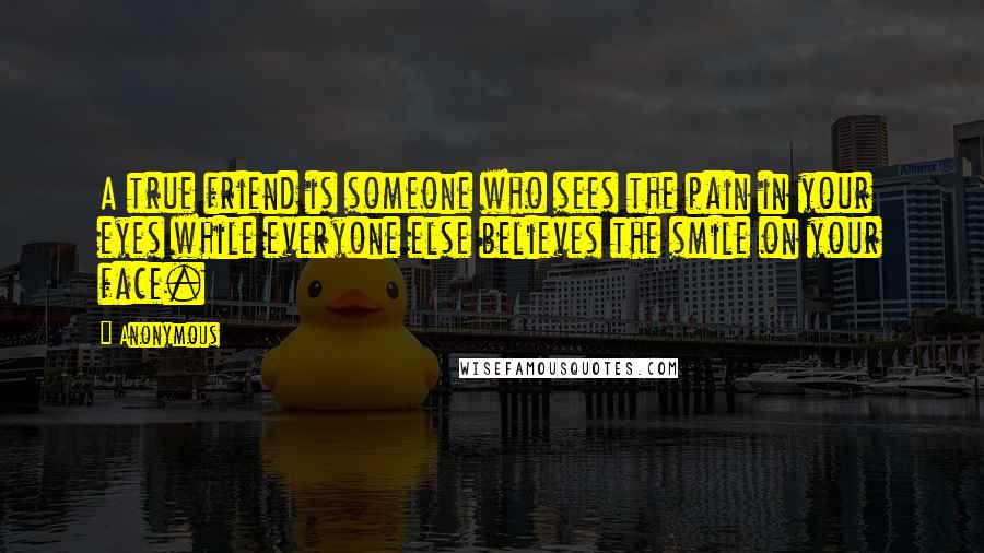 Anonymous Quotes: A true friend is someone who sees the pain in your eyes while everyone else believes the smile on your face.