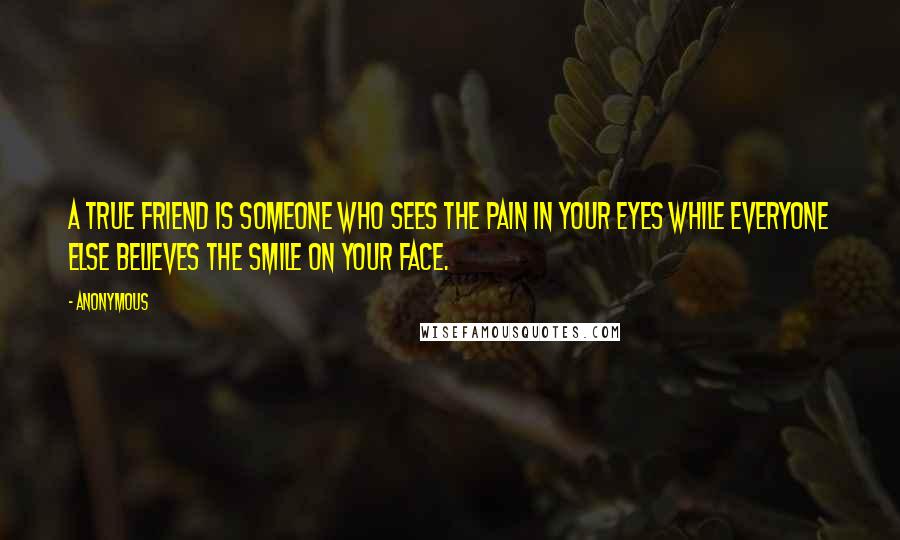 Anonymous Quotes: A true friend is someone who sees the pain in your eyes while everyone else believes the smile on your face.