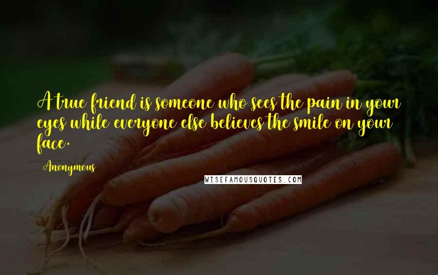 Anonymous Quotes: A true friend is someone who sees the pain in your eyes while everyone else believes the smile on your face.