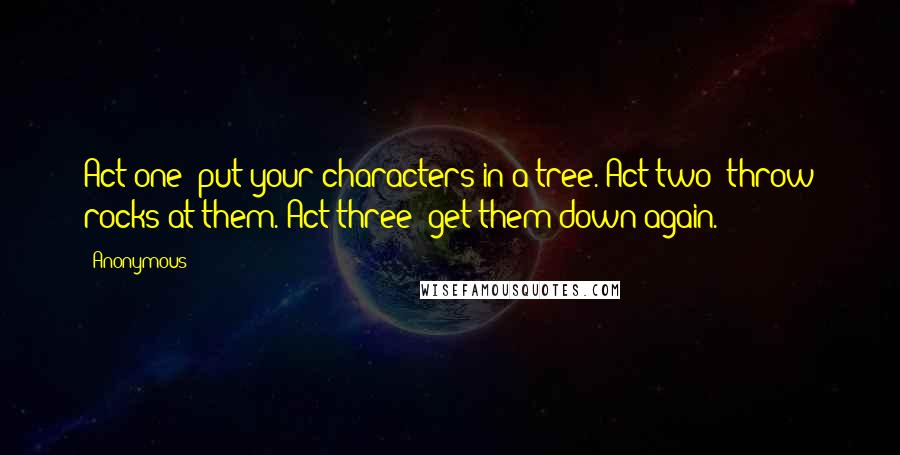 Anonymous Quotes: Act one: put your characters in a tree. Act two: throw rocks at them. Act three: get them down again.