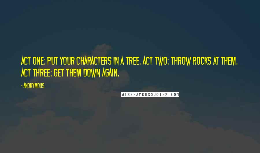 Anonymous Quotes: Act one: put your characters in a tree. Act two: throw rocks at them. Act three: get them down again.