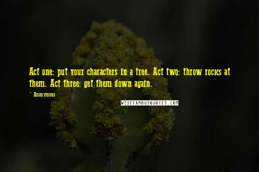 Anonymous Quotes: Act one: put your characters in a tree. Act two: throw rocks at them. Act three: get them down again.