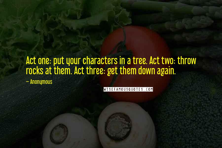 Anonymous Quotes: Act one: put your characters in a tree. Act two: throw rocks at them. Act three: get them down again.