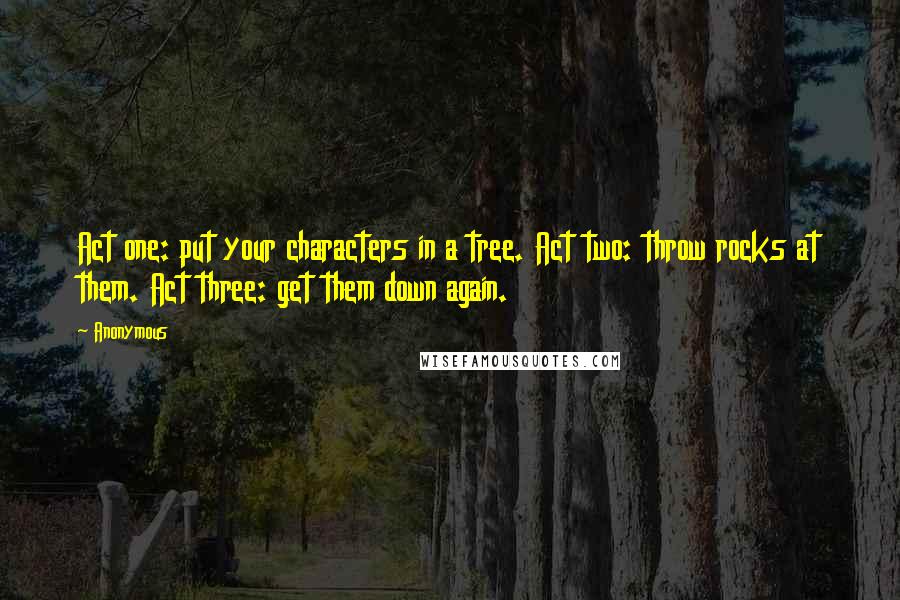 Anonymous Quotes: Act one: put your characters in a tree. Act two: throw rocks at them. Act three: get them down again.