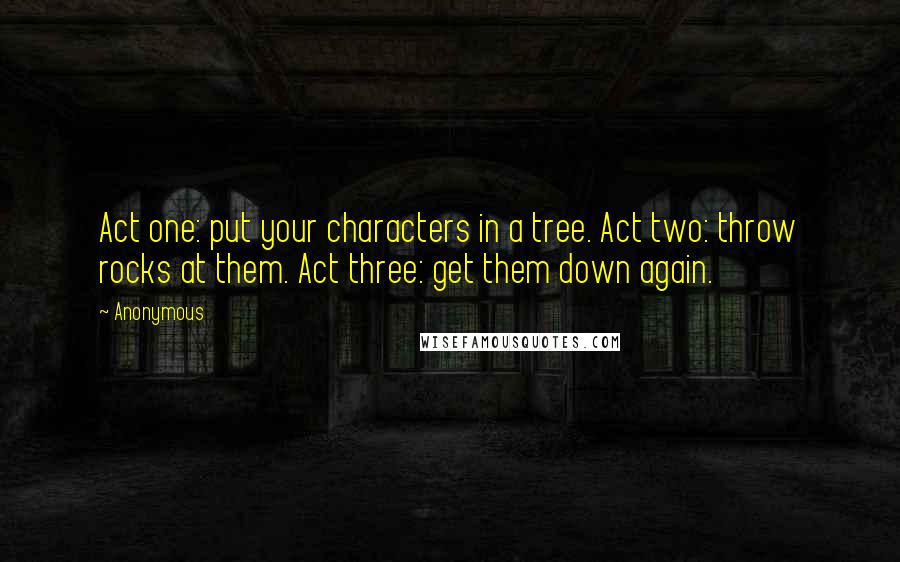 Anonymous Quotes: Act one: put your characters in a tree. Act two: throw rocks at them. Act three: get them down again.