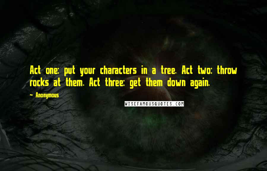 Anonymous Quotes: Act one: put your characters in a tree. Act two: throw rocks at them. Act three: get them down again.