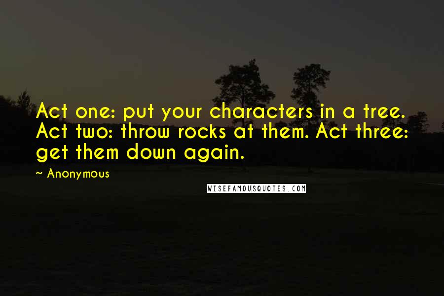 Anonymous Quotes: Act one: put your characters in a tree. Act two: throw rocks at them. Act three: get them down again.