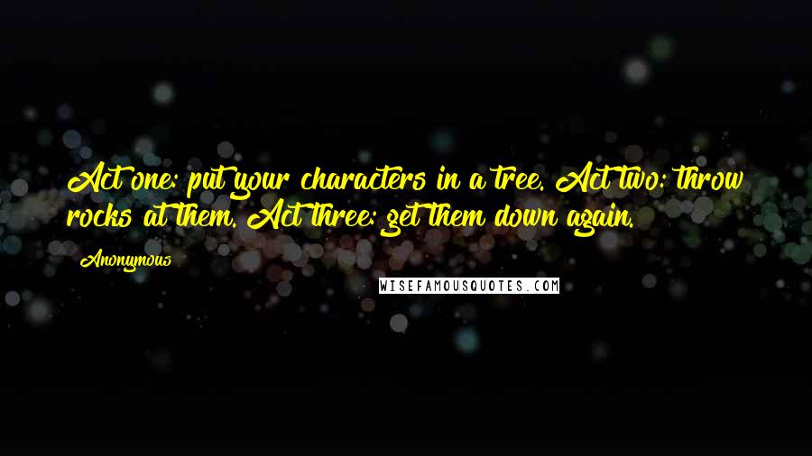 Anonymous Quotes: Act one: put your characters in a tree. Act two: throw rocks at them. Act three: get them down again.