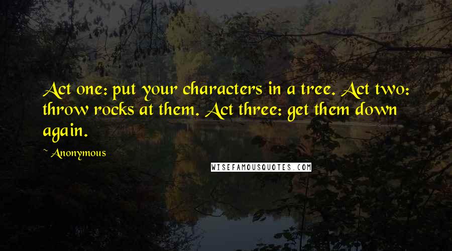 Anonymous Quotes: Act one: put your characters in a tree. Act two: throw rocks at them. Act three: get them down again.