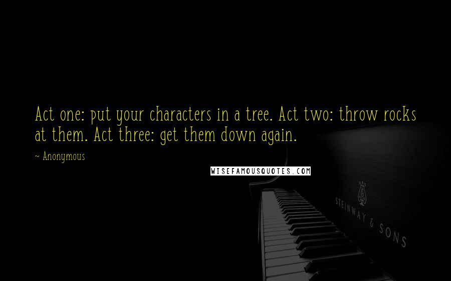 Anonymous Quotes: Act one: put your characters in a tree. Act two: throw rocks at them. Act three: get them down again.