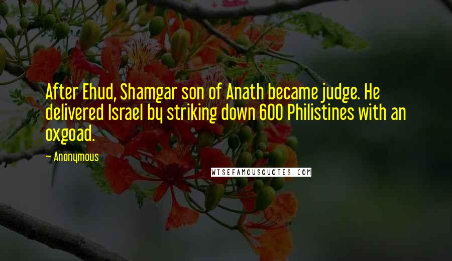 Anonymous Quotes: After Ehud, Shamgar son of Anath became judge. He delivered Israel by striking down 600 Philistines with an oxgoad.