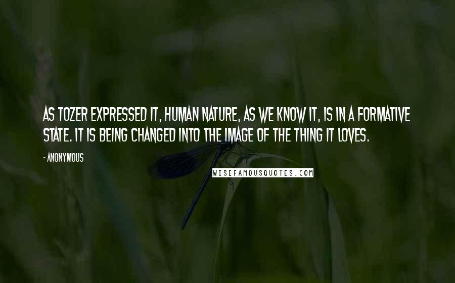 Anonymous Quotes: As Tozer expressed it, Human nature, as we know it, is in a formative state. It is being changed into the image of the thing it loves.