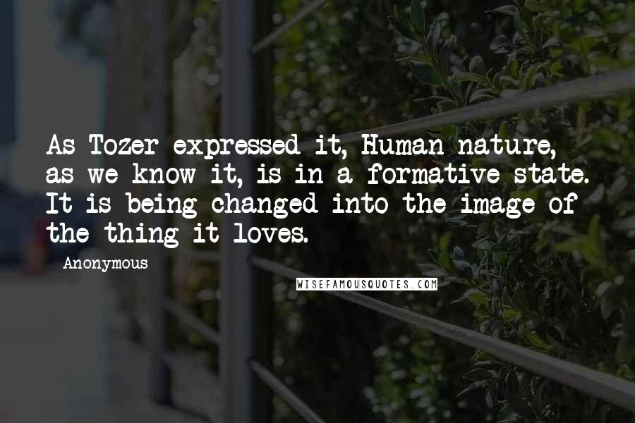 Anonymous Quotes: As Tozer expressed it, Human nature, as we know it, is in a formative state. It is being changed into the image of the thing it loves.