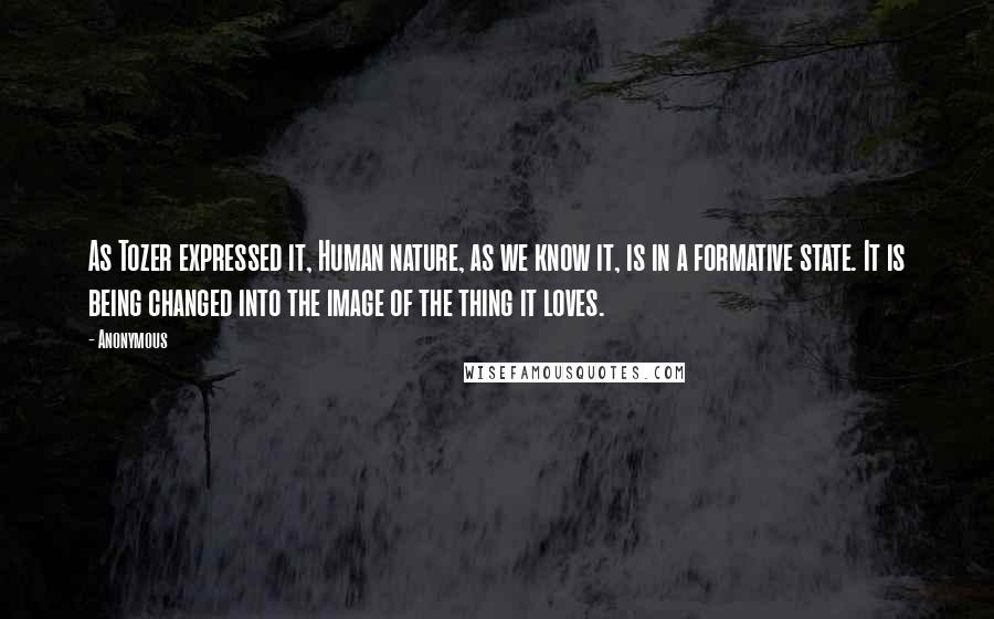 Anonymous Quotes: As Tozer expressed it, Human nature, as we know it, is in a formative state. It is being changed into the image of the thing it loves.