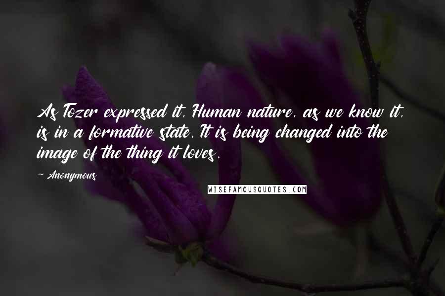 Anonymous Quotes: As Tozer expressed it, Human nature, as we know it, is in a formative state. It is being changed into the image of the thing it loves.