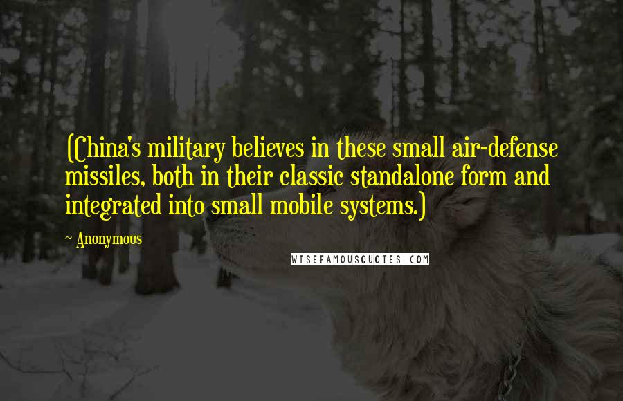 Anonymous Quotes: (China's military believes in these small air-defense missiles, both in their classic standalone form and integrated into small mobile systems.)