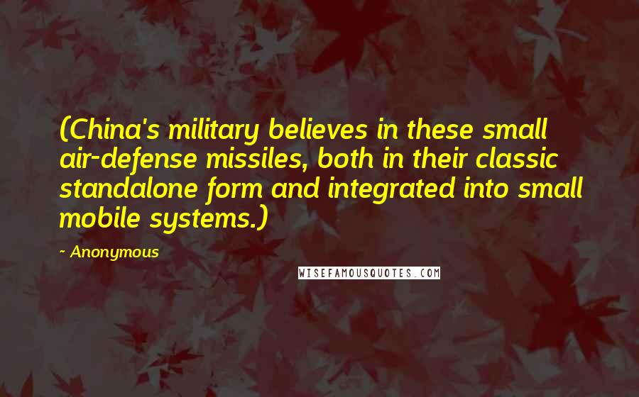 Anonymous Quotes: (China's military believes in these small air-defense missiles, both in their classic standalone form and integrated into small mobile systems.)