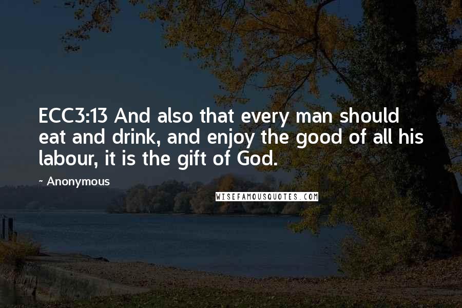 Anonymous Quotes: ECC3:13 And also that every man should eat and drink, and enjoy the good of all his labour, it is the gift of God.