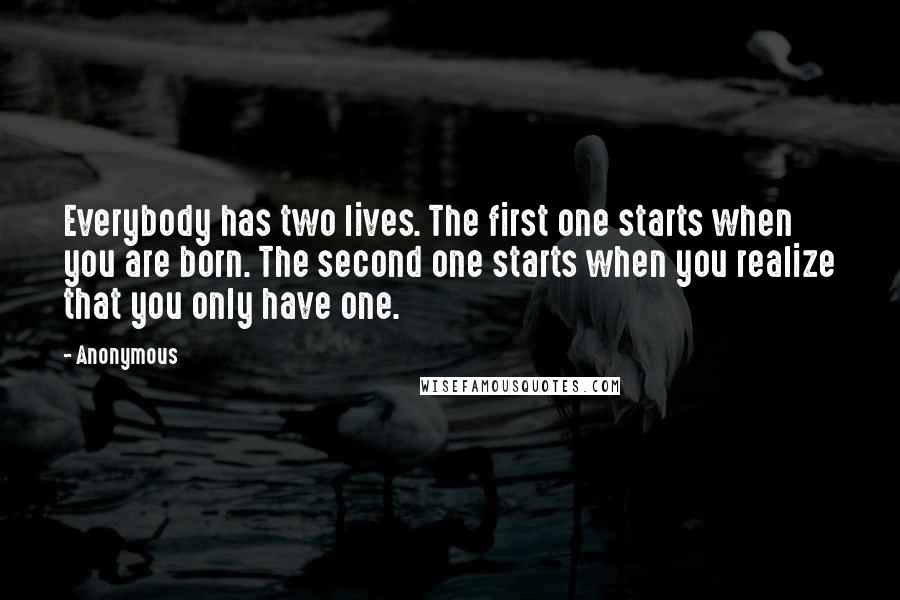 Anonymous Quotes: Everybody has two lives. The first one starts when you are born. The second one starts when you realize that you only have one.