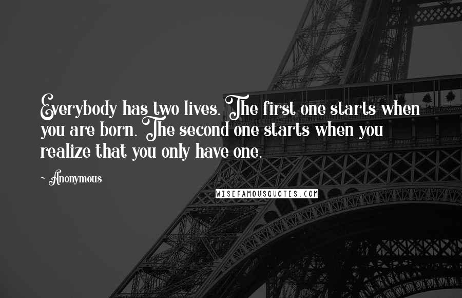 Anonymous Quotes: Everybody has two lives. The first one starts when you are born. The second one starts when you realize that you only have one.