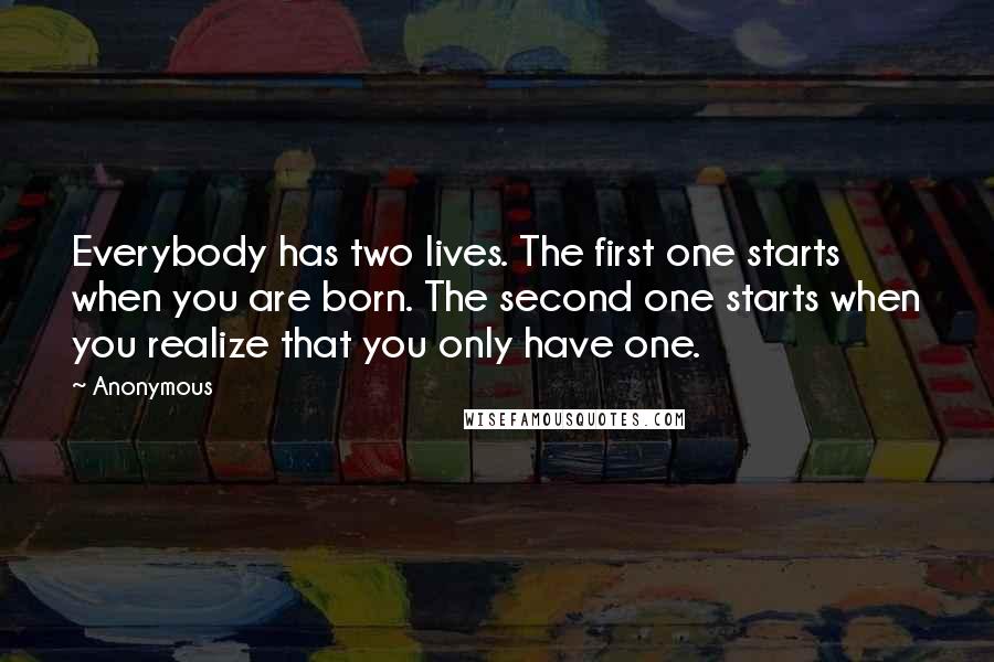 Anonymous Quotes: Everybody has two lives. The first one starts when you are born. The second one starts when you realize that you only have one.