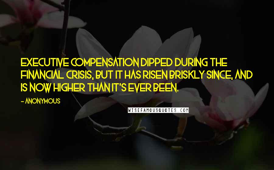 Anonymous Quotes: Executive compensation dipped during the financial crisis, but it has risen briskly since, and is now higher than it's ever been.