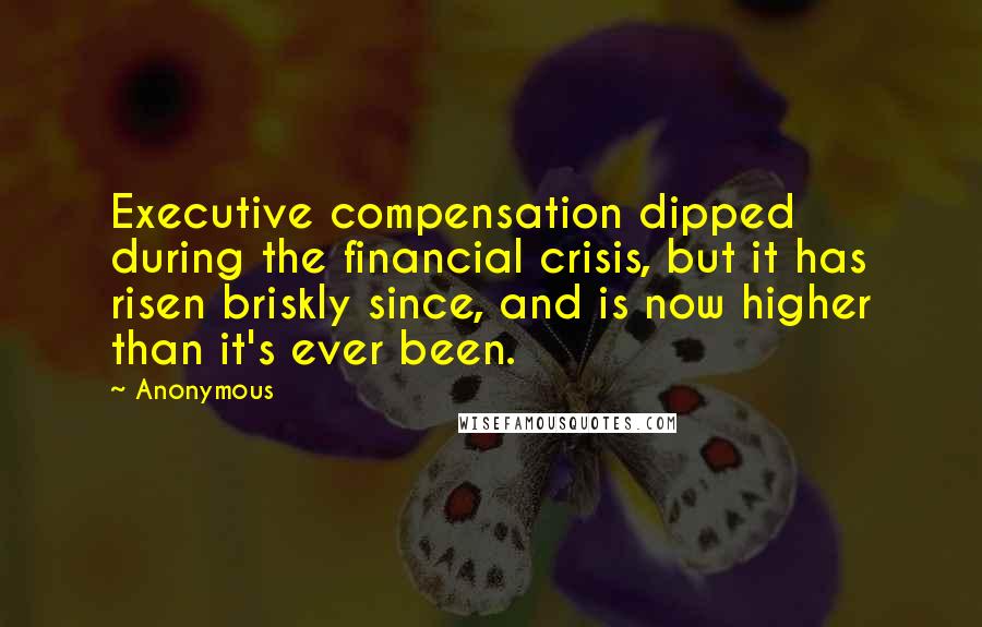 Anonymous Quotes: Executive compensation dipped during the financial crisis, but it has risen briskly since, and is now higher than it's ever been.