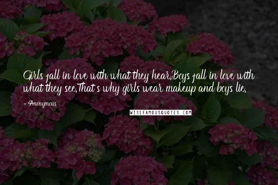 Anonymous Quotes: Girls fall in love with what they hear.Boys fall in love with what they see.That's why girls wear makeup and boys lie.