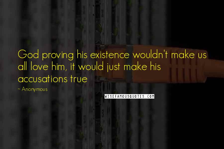 Anonymous Quotes: God proving his existence wouldn't make us all love him, it would just make his accusations true