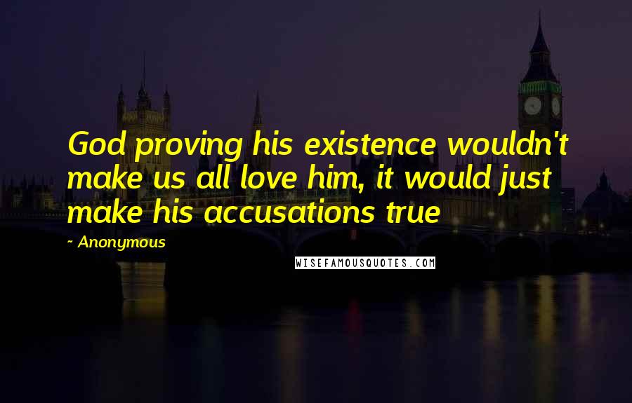 Anonymous Quotes: God proving his existence wouldn't make us all love him, it would just make his accusations true