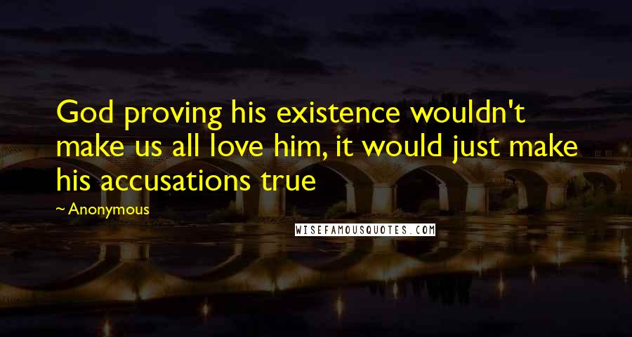 Anonymous Quotes: God proving his existence wouldn't make us all love him, it would just make his accusations true