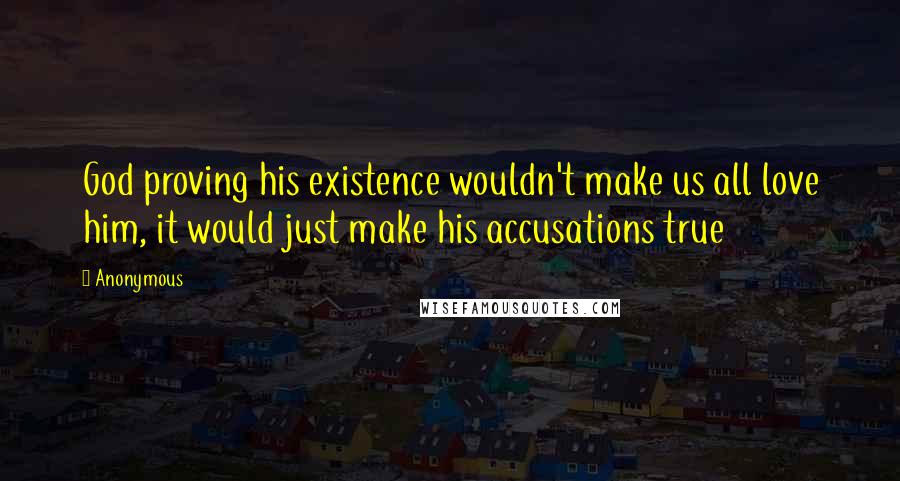 Anonymous Quotes: God proving his existence wouldn't make us all love him, it would just make his accusations true