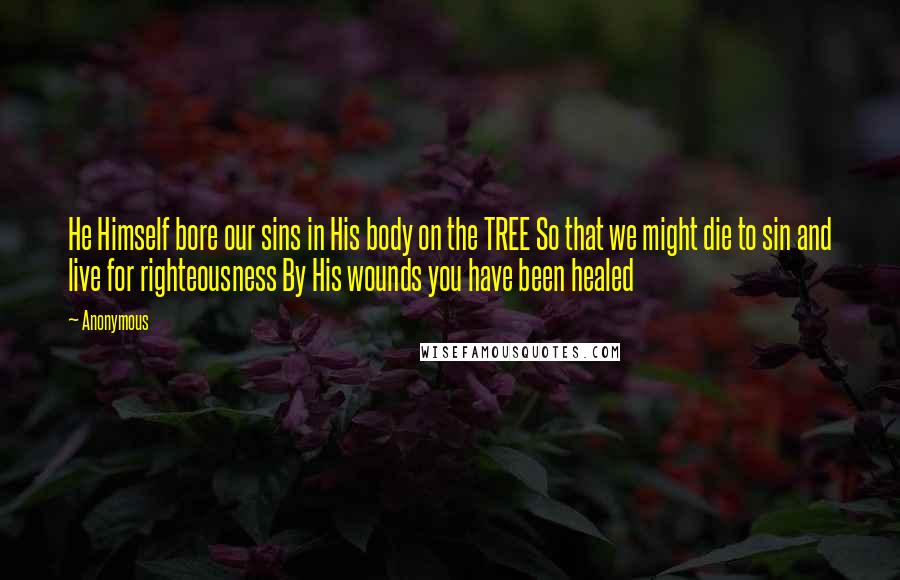 Anonymous Quotes: He Himself bore our sins in His body on the TREE So that we might die to sin and live for righteousness By His wounds you have been healed