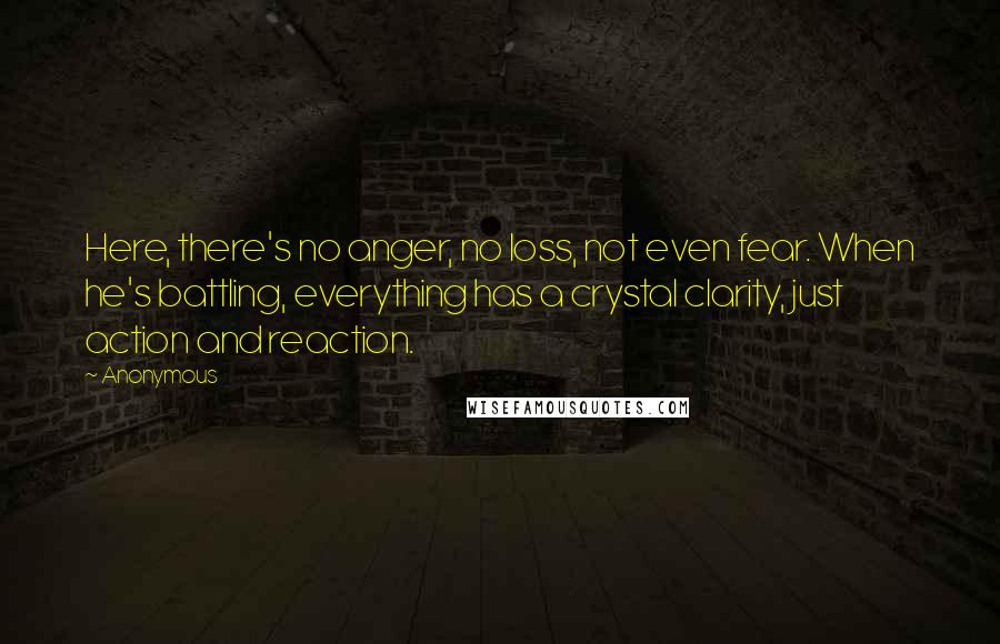 Anonymous Quotes: Here, there's no anger, no loss, not even fear. When he's battling, everything has a crystal clarity, just action and reaction.