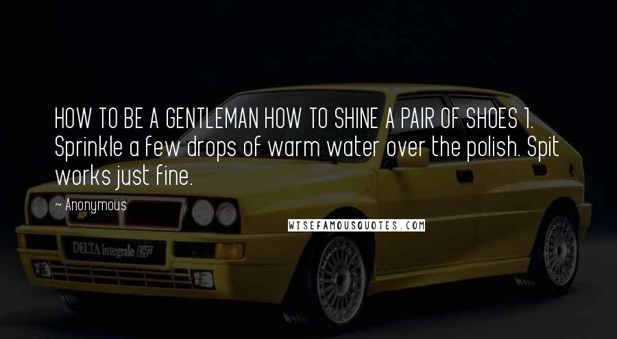 Anonymous Quotes: HOW TO BE A GENTLEMAN HOW TO SHINE A PAIR OF SHOES 1. Sprinkle a few drops of warm water over the polish. Spit works just fine.