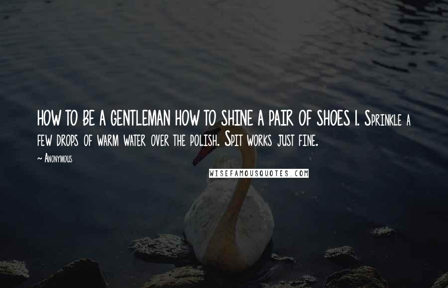 Anonymous Quotes: HOW TO BE A GENTLEMAN HOW TO SHINE A PAIR OF SHOES 1. Sprinkle a few drops of warm water over the polish. Spit works just fine.