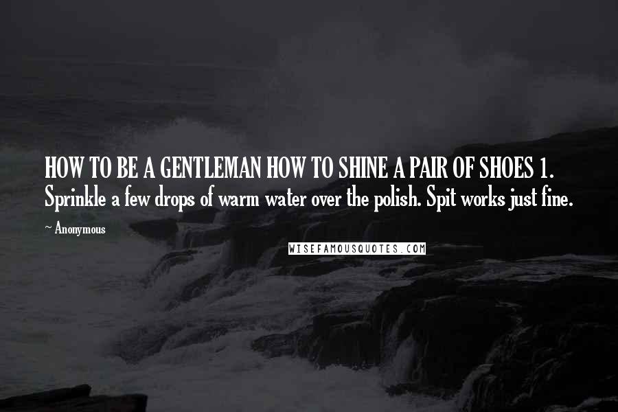 Anonymous Quotes: HOW TO BE A GENTLEMAN HOW TO SHINE A PAIR OF SHOES 1. Sprinkle a few drops of warm water over the polish. Spit works just fine.