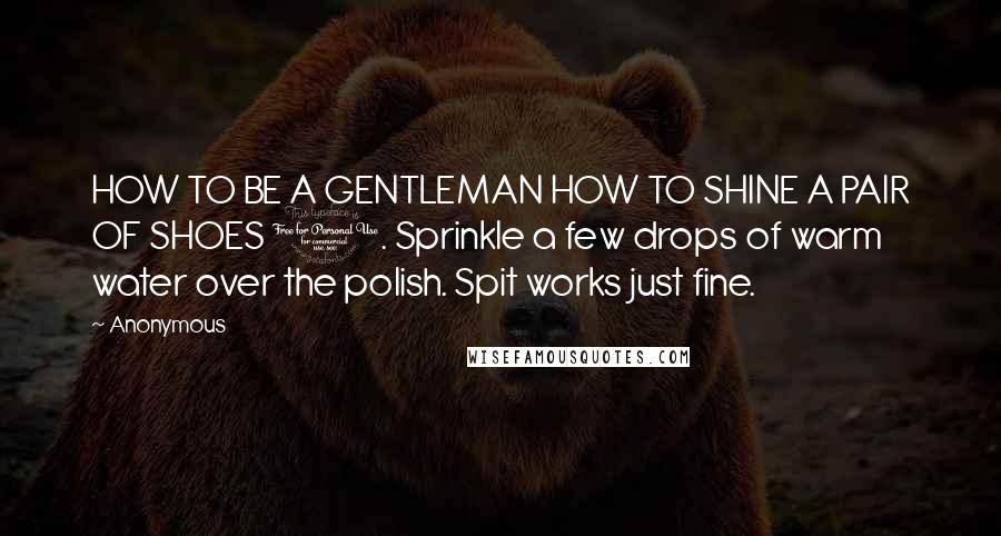 Anonymous Quotes: HOW TO BE A GENTLEMAN HOW TO SHINE A PAIR OF SHOES 1. Sprinkle a few drops of warm water over the polish. Spit works just fine.