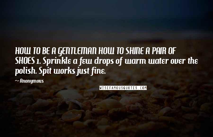 Anonymous Quotes: HOW TO BE A GENTLEMAN HOW TO SHINE A PAIR OF SHOES 1. Sprinkle a few drops of warm water over the polish. Spit works just fine.